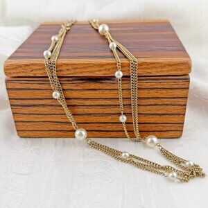 VTG Emmons Multi-Strand Gold Tone & Faux Pearl Necklace | Elegant Layered MCM